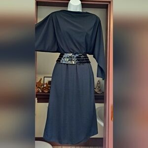 VINTAGE Lee Jordan Designer 1970 Disco Dress Sequin Belt Dolman Sleeves Goth